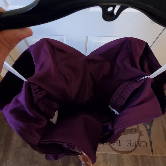 Purple tea length off the shoulder satin party dress size 2 - Picture 6 of 8